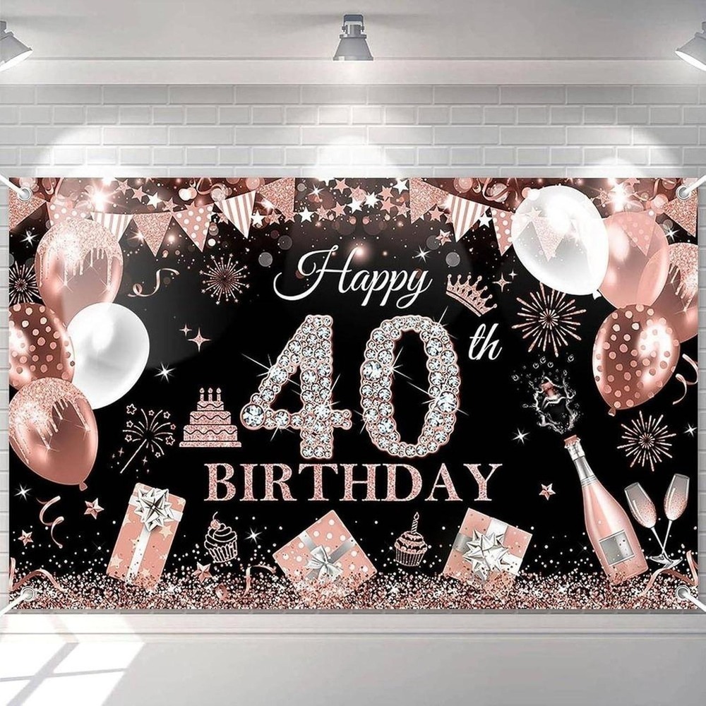 Happy 40th Birthday Banner Rose Gold Glitter Balloons Party Backdropโ
